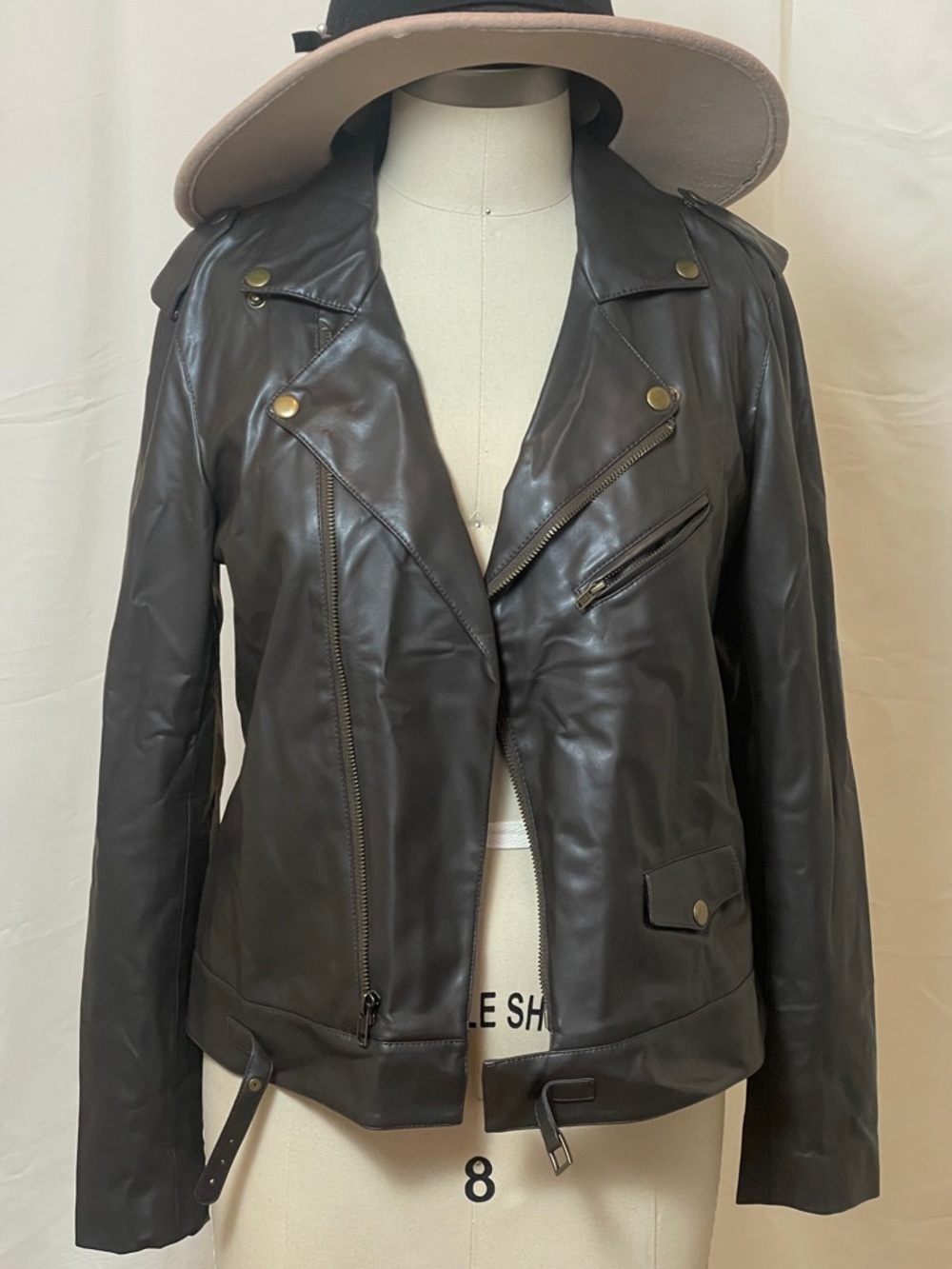 Brown Leather Moto Jacket with Asymmetrical Zip - Picture 2 of 13